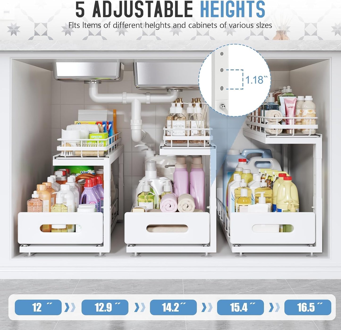Under Sink Organizer Upgrade To Professional Rails,2-Tier Dual Pull Out Cabinet Storage,Height Adjustable Slide Out Drawers For Bathroom Kitchen,2 Pack-14.5" Dx12.8-16.9" H,White