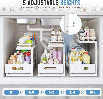 Under Sink Organizer Upgrade To Professional Rails,2-Tier Dual Pull Out Cabinet Storage,Height Adjustable Slide Out Drawers For Bathroom Kitchen,2 Pack-14.5" Dx12.8-16.9" H,White