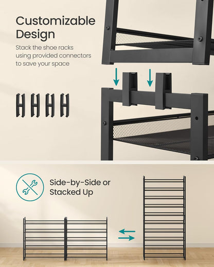 SONGMICS Shoe Rack, 12-Tier Shoe Organizer, Metal Shoe Storage for Garage, Entryway, Set of 2 6-Tier Stackable Shoe Shelf, with Adjustable Flat or Angled Shelves, Holds 48-60 Pairs, Black ULMR12B