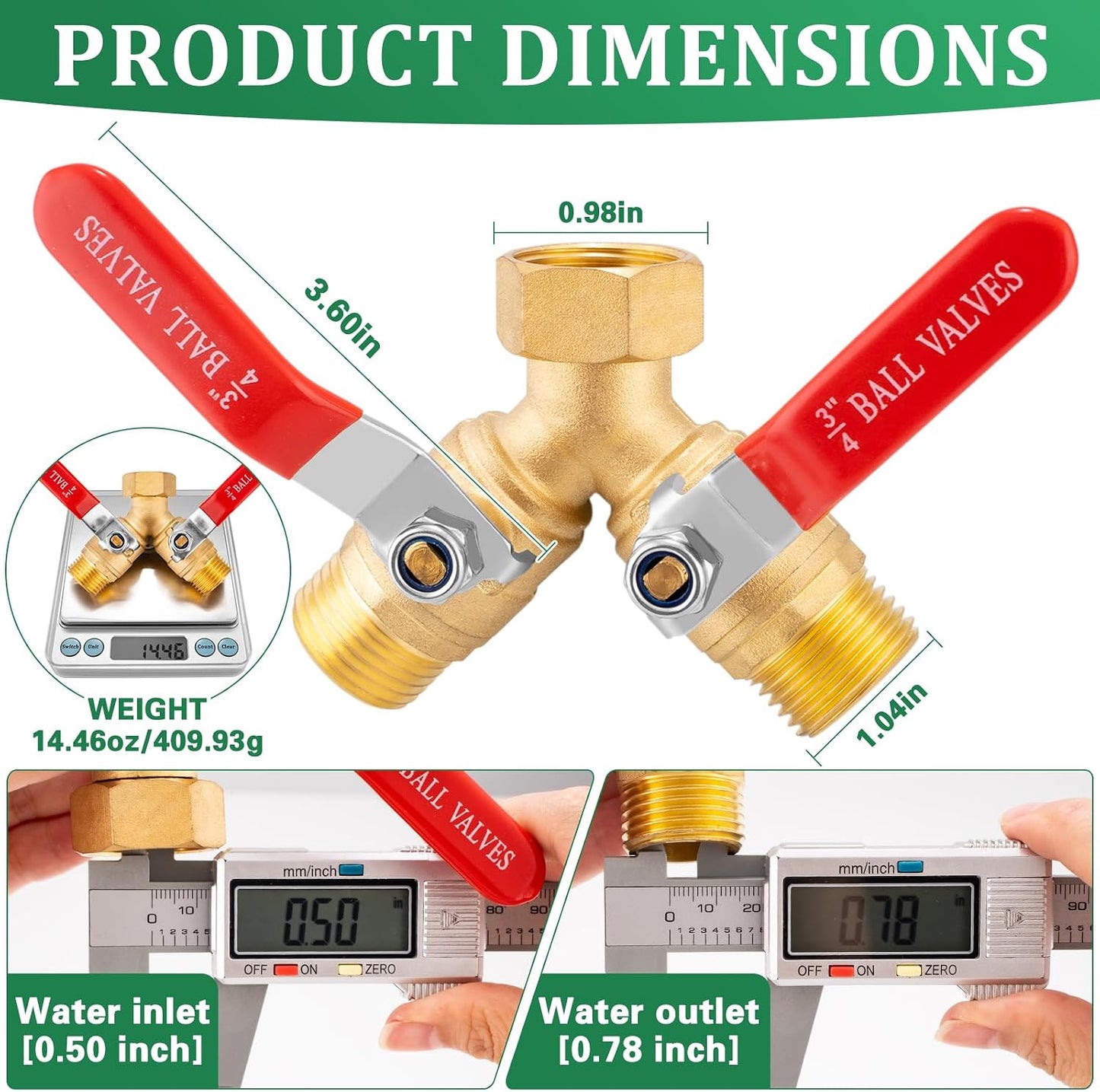 Garden Hose Splitter 2 way Heavy Duty, Brass Water Hose Splitter High Flow With Long Handle, 3/4 Inch Garden Hose Y Valve Garden Splitter, Full Flow Y Valve Hose Splitter With Wrench