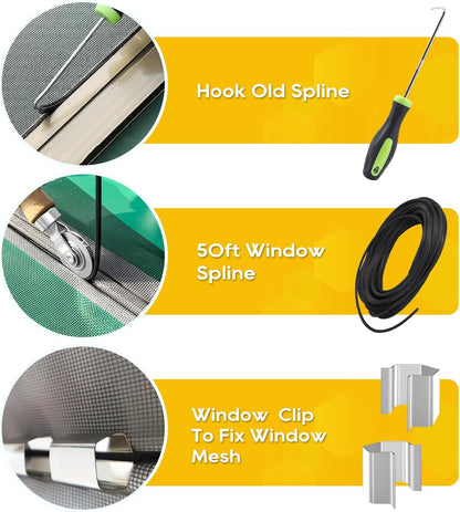King&Charles Window Screen Door Repair/Replacement Kit, Include Black Screen Mesh 48"x118"+ 2 Roller+50Ft Spline+8Clips+Hook, 6 in 1 Window Mesh Kit, Steel/Nylon Bearing Roller