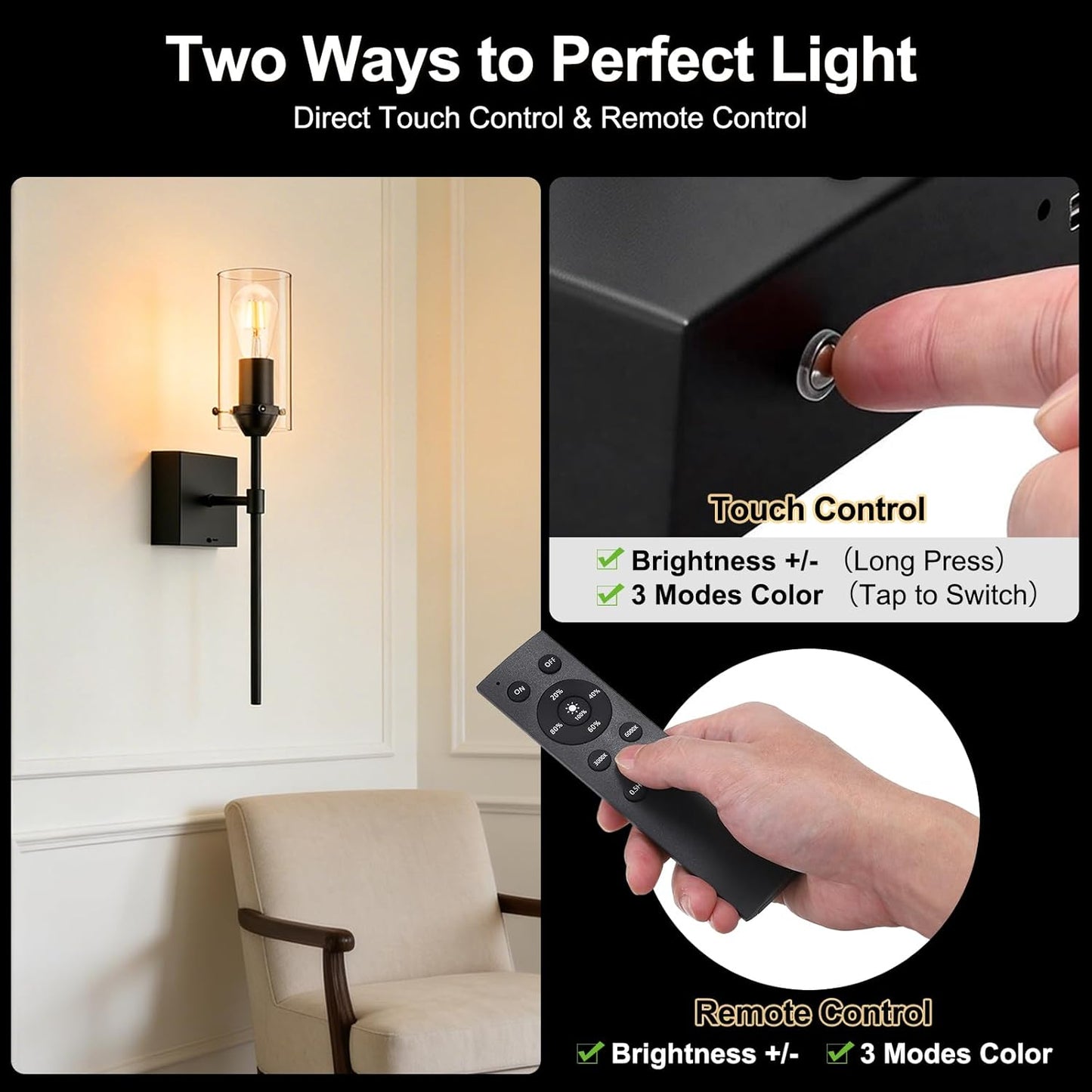 Battery Operated Wall Sconce, Glass Wireless Wall Sconces Set of Two Rechargeable with Remote Control Dimmable Wall Light for Bedroom Living Room Hallway Entryway, 3000-6500K
