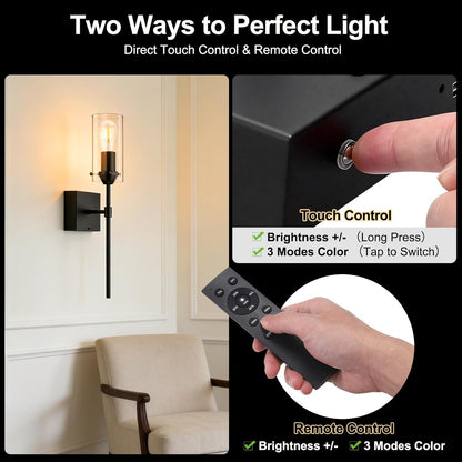 Battery Operated Wall Sconce, Glass Wireless Wall Sconces Set of Two Rechargeable with Remote Control Dimmable Wall Light for Bedroom Living Room Hallway Entryway, 3000-6500K