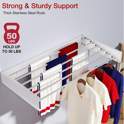 Wall Mounted Drying Rack 31.5", Foldable Laundry Drying Rack with Stainless Steel Rods, Retractable Laundry Space Saver for Indoor & Outdoor Use, Include Wall Template