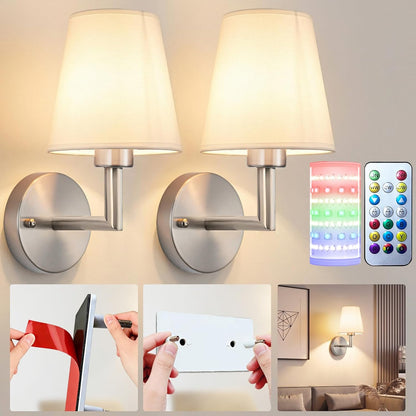 Nekhung Battery Operated Wall Sconces Set of Two, Wireless Battery Wall Light with 10000mAh RGB Dimmable Magnetic Bulb and Remote, Rechargeable Sconce Wall Decor for Bedroom Living Room Hallway