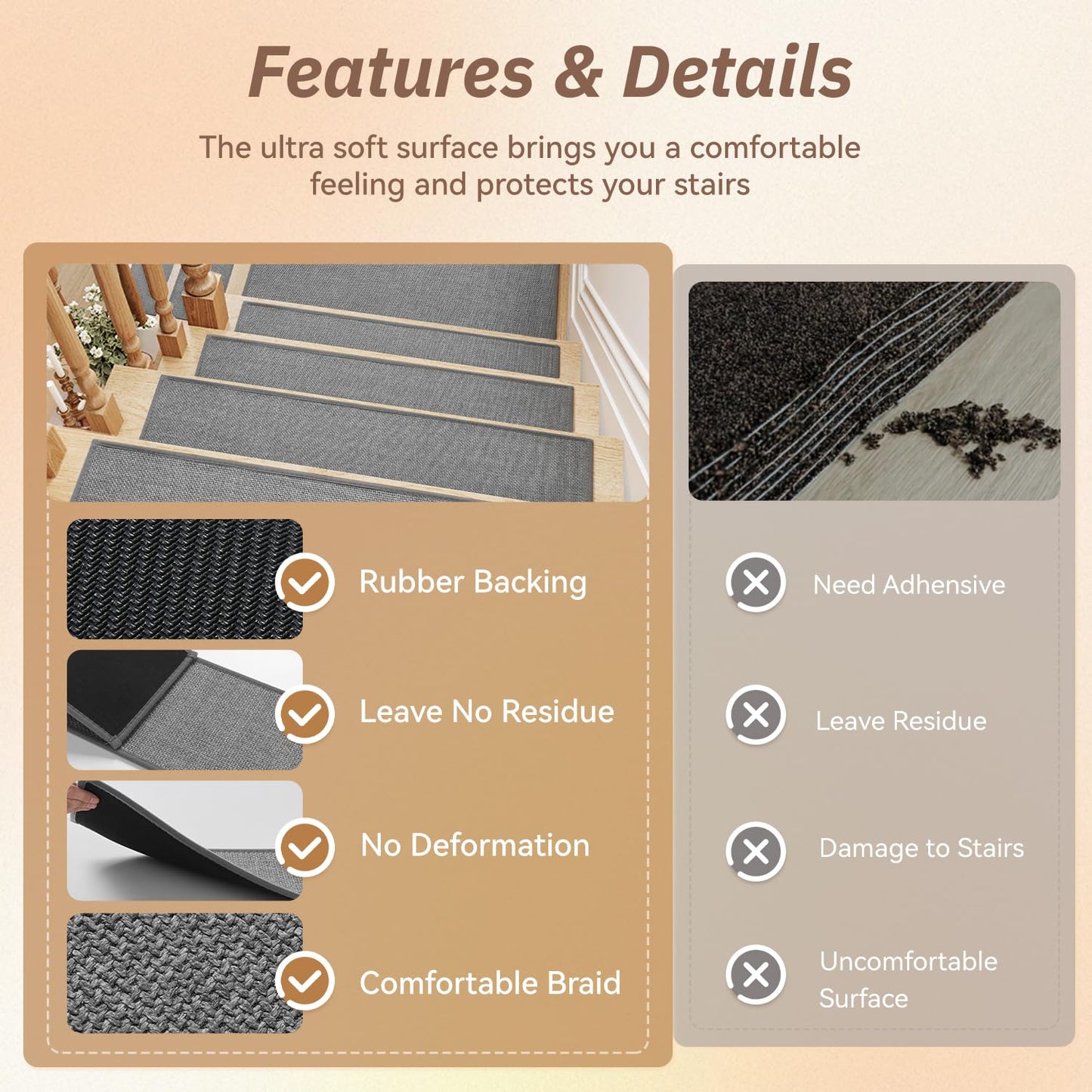 PADOOR Stair-Treads Non Slip 15PCS, Stair Treads for Wooden Steps Rubber Backing Indoor, Stair Carpet Residue Free, Stair Runner Durable Stair Rug for Kids and Dogs 8"x30" Beige