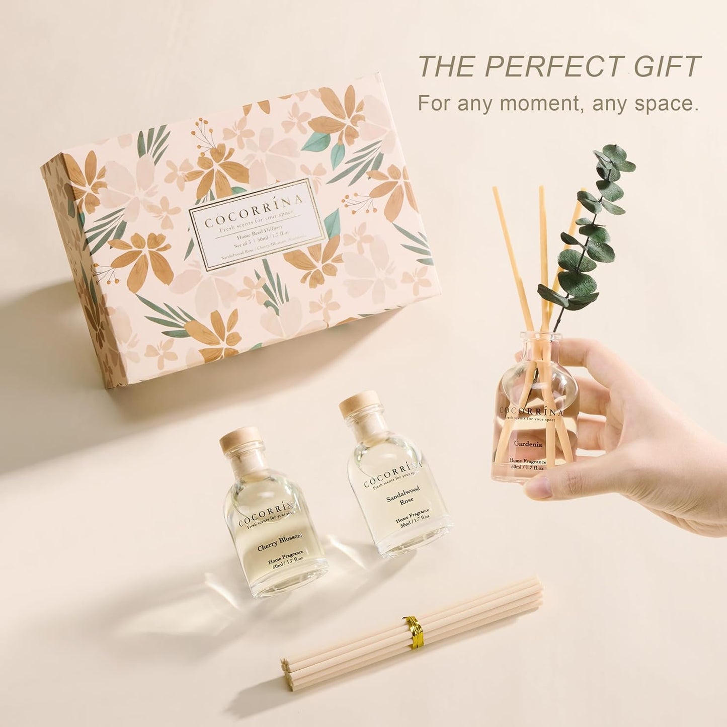 COCORRÍNA Eucalyptus Reed Diffuser Set of 3 - Eucalyptus & Moss, Clean Linen, Ocean Mist Scents, 1.7 fl oz Each, Total 5.1 oz, Scented Oil Diffusers for Home & Office