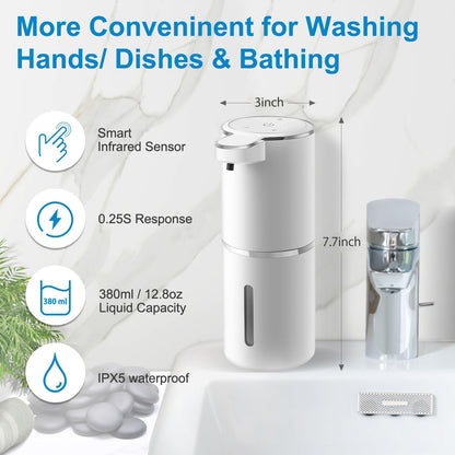 Automatic Foaming Soap Dispenser,4-Level Adjustable Foam, Wall Mount,USB Rechargeable,12.8oz/ 380ml,Touchless Hand & Dish Soap Dispenser for Bathroom, Kitchen,Hotel, Restaurant