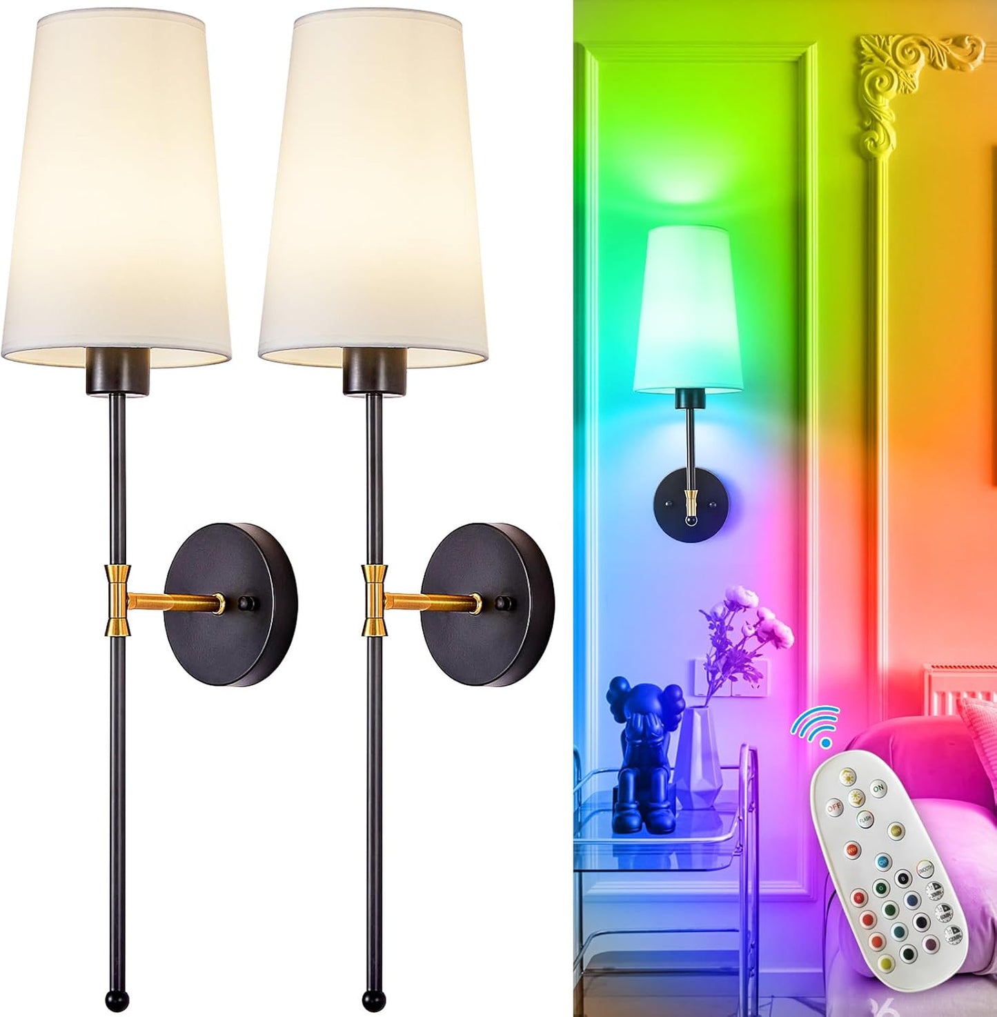 Depuley Battery Operated Wall Sconce: Set of 2 Wireless Wall Lights with 10000mAh Dimmable Bulbs and Remote for Bedroom - Rechargeable 15 Colors Gold Wall Lamp for Living Room Hallway
