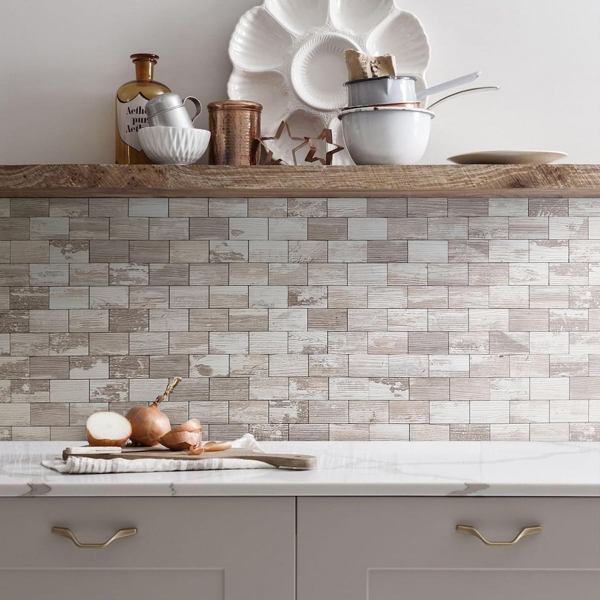 DICOFUN 10-Sheet Polished White Thick PVC Peel and Stick Backsplash, Ceramic Look Subway Tile White Kitchen Backsplash Peel and Stick Wall Tiles