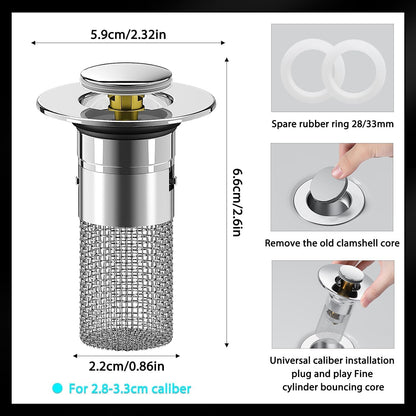 Bathroom Sink Stopper Hair Catcher, Pop Up Drain Plug with Strainer and Filter Basket, Universal Replacement Cover, 2 Pack