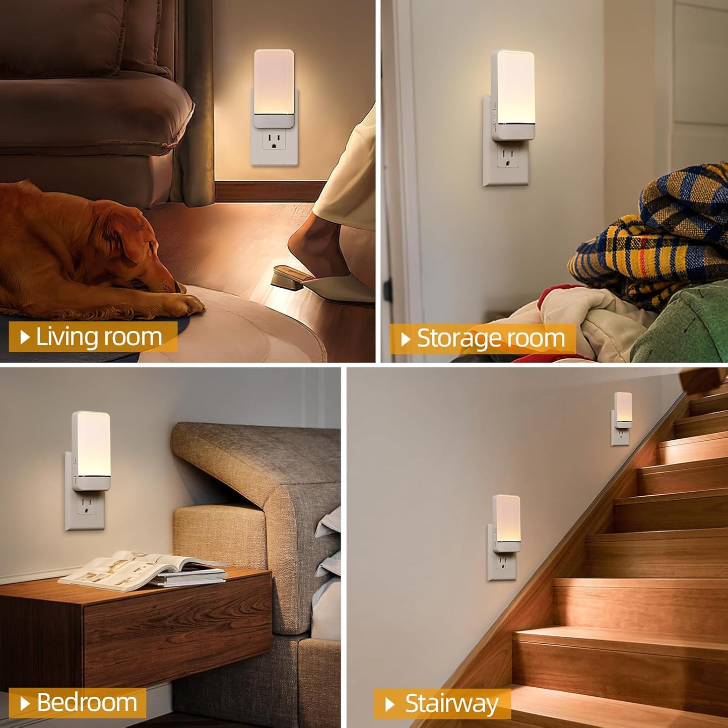 Dawnrise Night Lights Plug into Wall, Invisible Motion Sensor Night Light, Soft Warm or Cool White Selectable, Brightness Adjustable, LED Night Lights for Bedroom, Bathroom, Stairs, Hallway, 4 PK