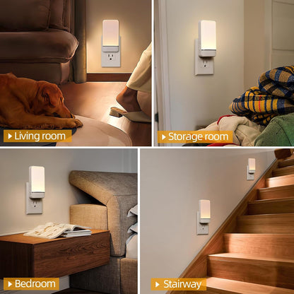Dawnrise Night Lights Plug into Wall, Invisible Motion Sensor Night Light, Soft Warm or Cool White Selectable, Brightness Adjustable, LED Night Lights for Bedroom, Bathroom, Stairs, Hallway, 4 PK