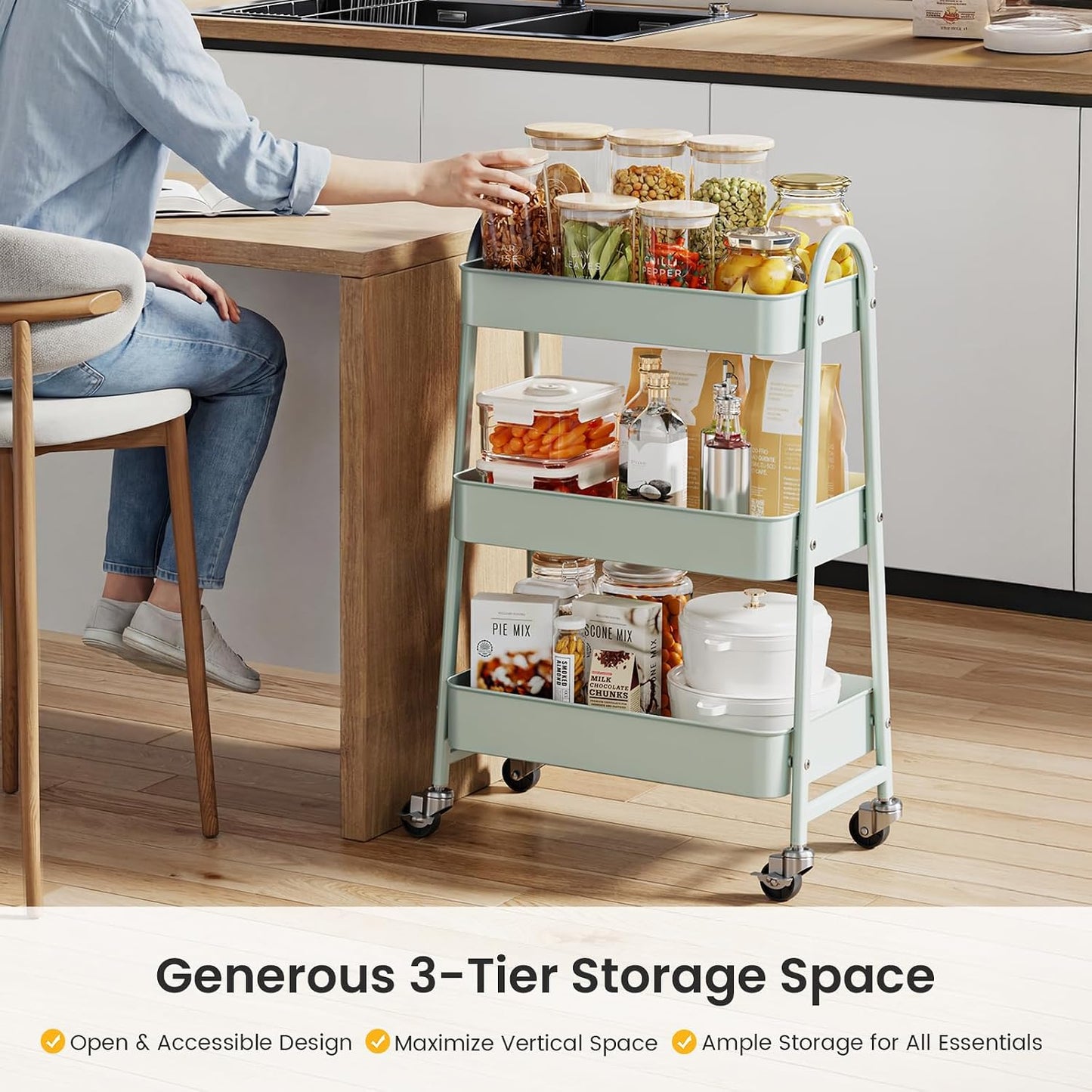 DUMOS 3 Tiers Rolling Cart, Utility Cart, Metal, White | Mobile Storage, Lockable Wheels, Utility Shelving Unit, Kitchen, Bathroom, Laundry, Narrow Places