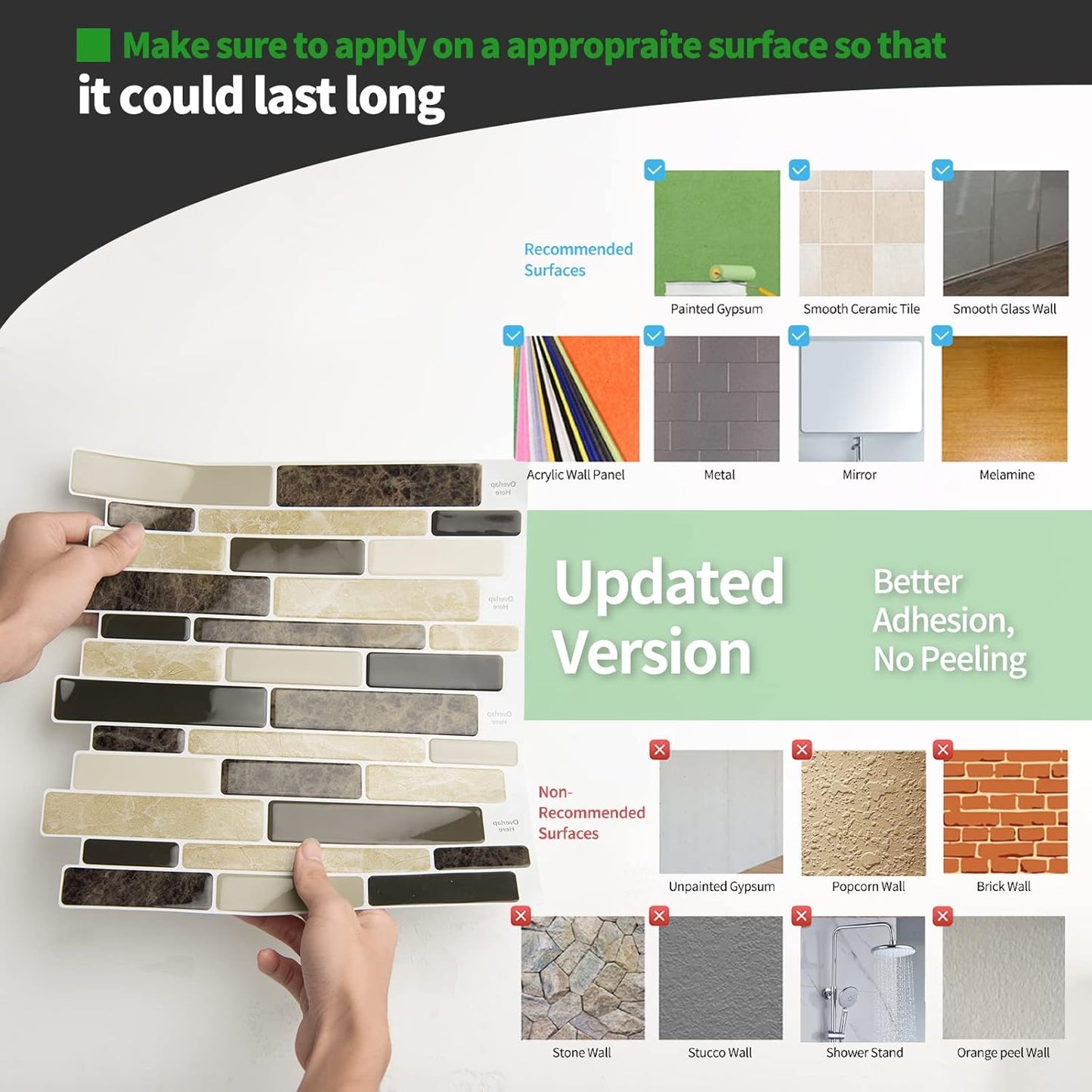 LONGKING Self-Adhesive Kitchen Backsplash, Marble Look Decorative Tiles (10 Tiles)