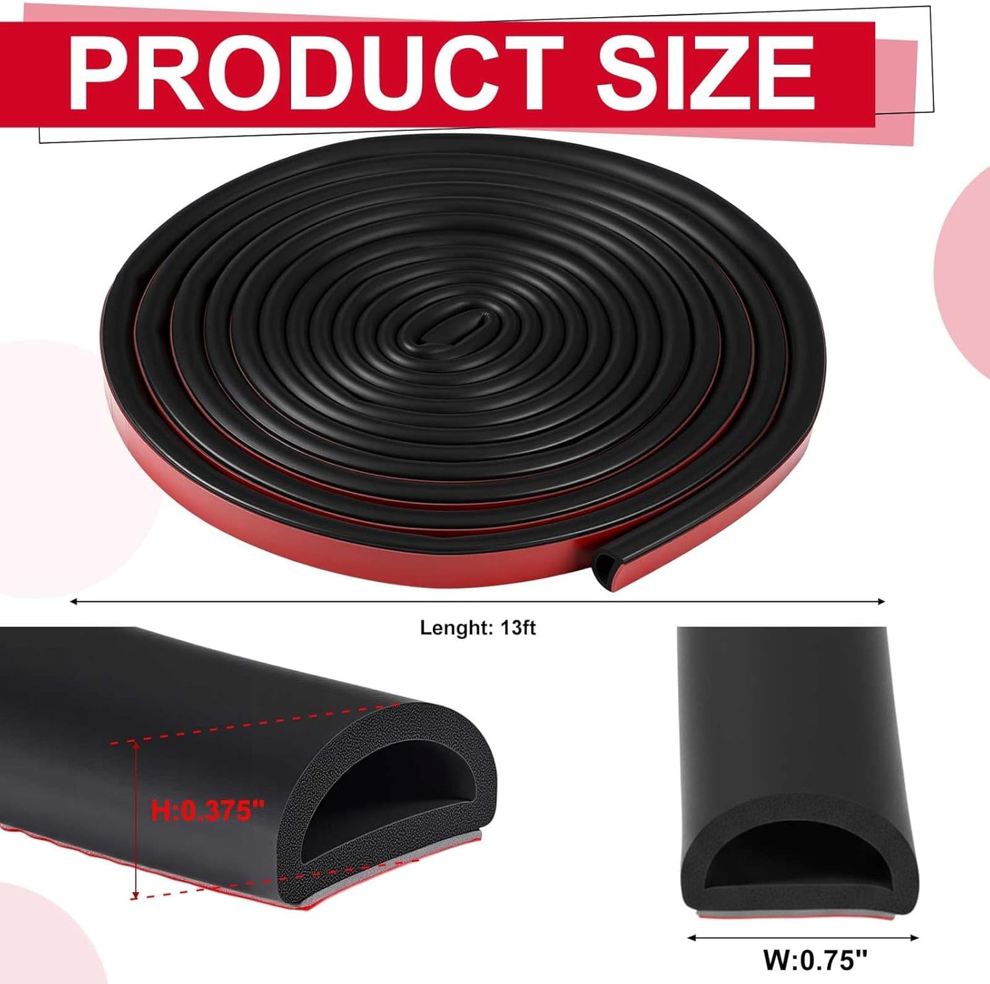 Pangda 13ft Foam Rubber D Shape Seal Strip 1" W x 0.5" H Self Adhesive EPDM Rubber Weather Stripping RV Slide Out Seal Heavy Duty Automotive Weather Stripping for Car Truck RV Boat Home
