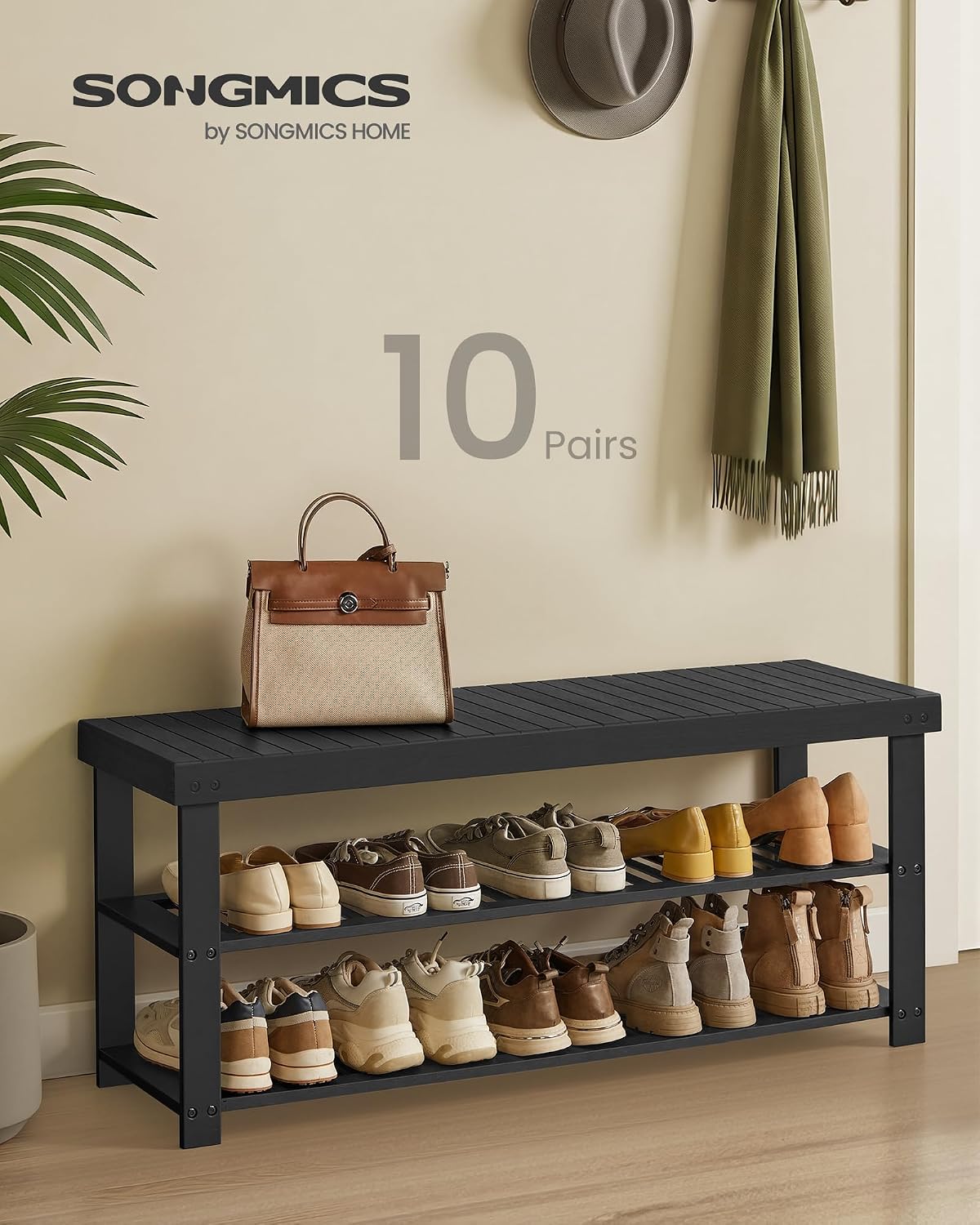 SONGMICS Shoe Rack Bench, 3-Tier Bamboo Shoe Storage Organizer, Entryway Bench, Holds Up to 286 lb, 11.3 x 27.6 x 17.8 Inches, for Entryway Bathroom Bedroom, Ink Black ULBS04H
