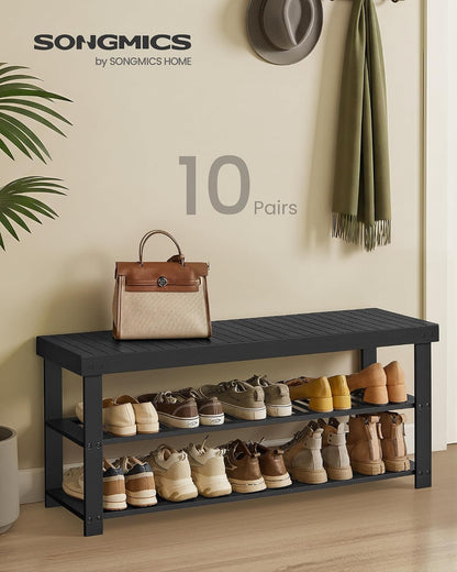 SONGMICS Shoe Rack Bench, 3-Tier Bamboo Shoe Storage Organizer, Entryway Bench, Holds Up to 286 lb, 11.3 x 27.6 x 17.8 Inches, for Entryway Bathroom Bedroom, Ink Black ULBS04H