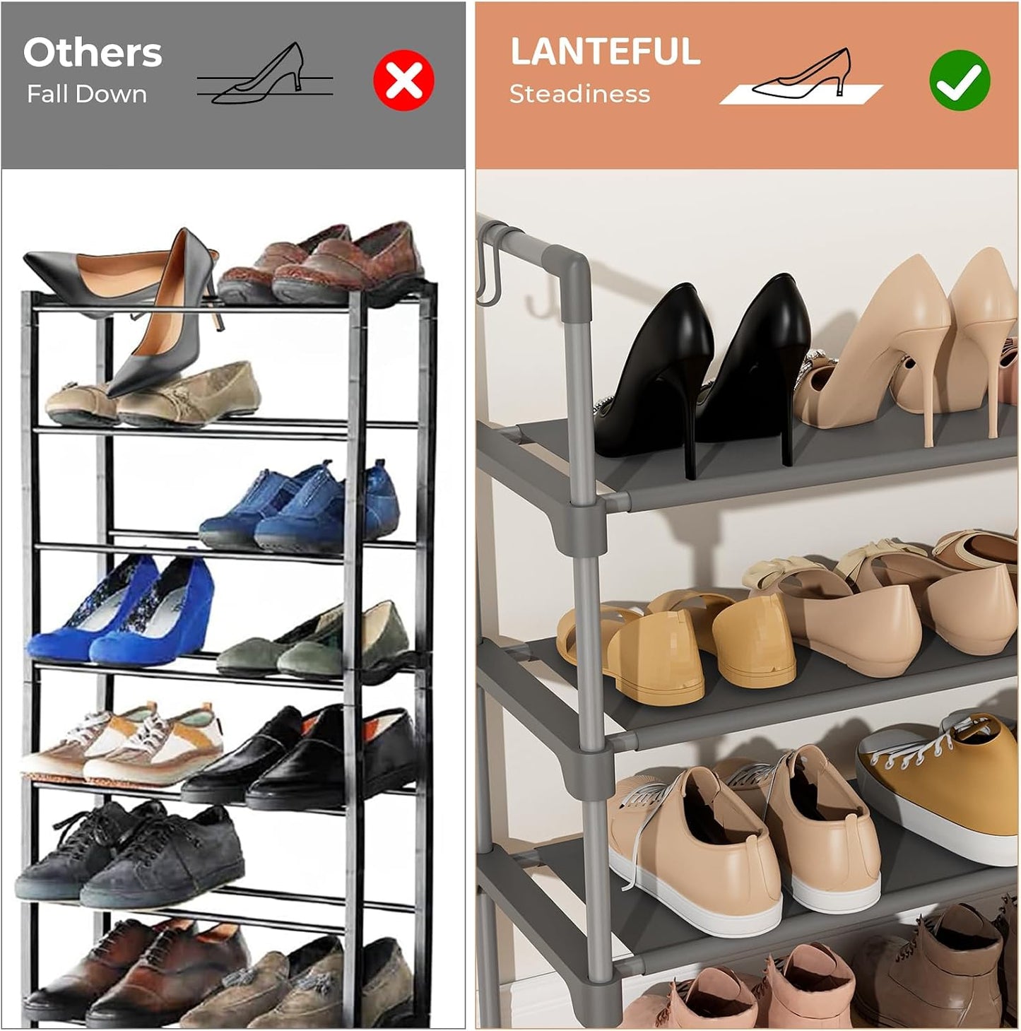 LANTEFUL 3 Tier Shoe Rack for Closet, Shoe Organizer with 5 Hooks, Long Shoe Shelf Storage for Sneaker and Boot Stackable Free Standing Shoe Rack for Entryway, Garage, Small Spaces, Dorm