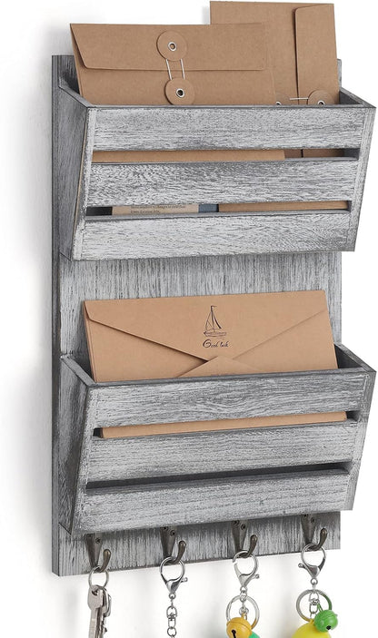 BTY Mail Sorter Wall Mounted, Wooden Mail Holder with 4 Key Hooks, 2 Slot Letter Bills Newspaper Magazine Organizer for Entryroom Hallway Office Garage, Gray White