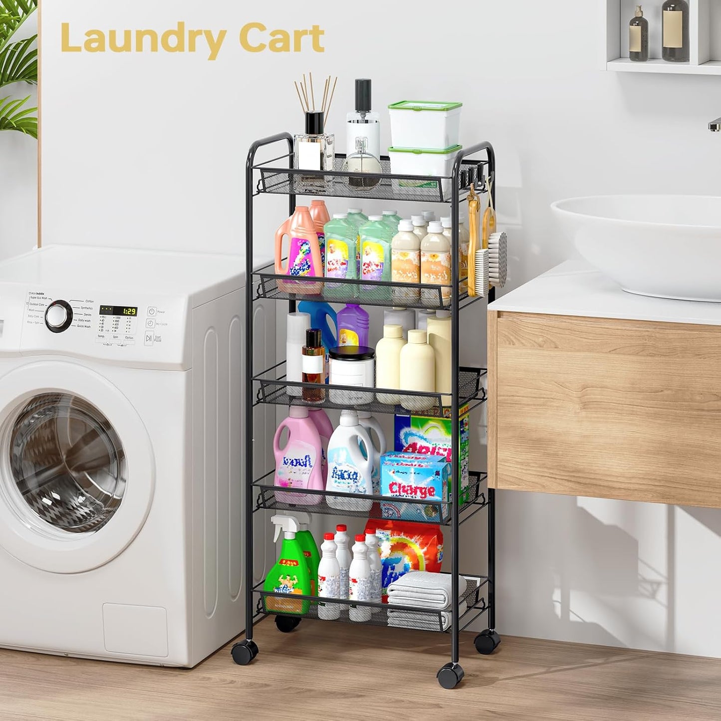 TOOLF 3-Tier Metal Rolling Cart, Mesh Wire Easy Assemble Utility Cart, Storage Trolley on Wheels with 3 Hooks, MetalStorage Shelving Units for Kitchen Bathroom Laundry Room