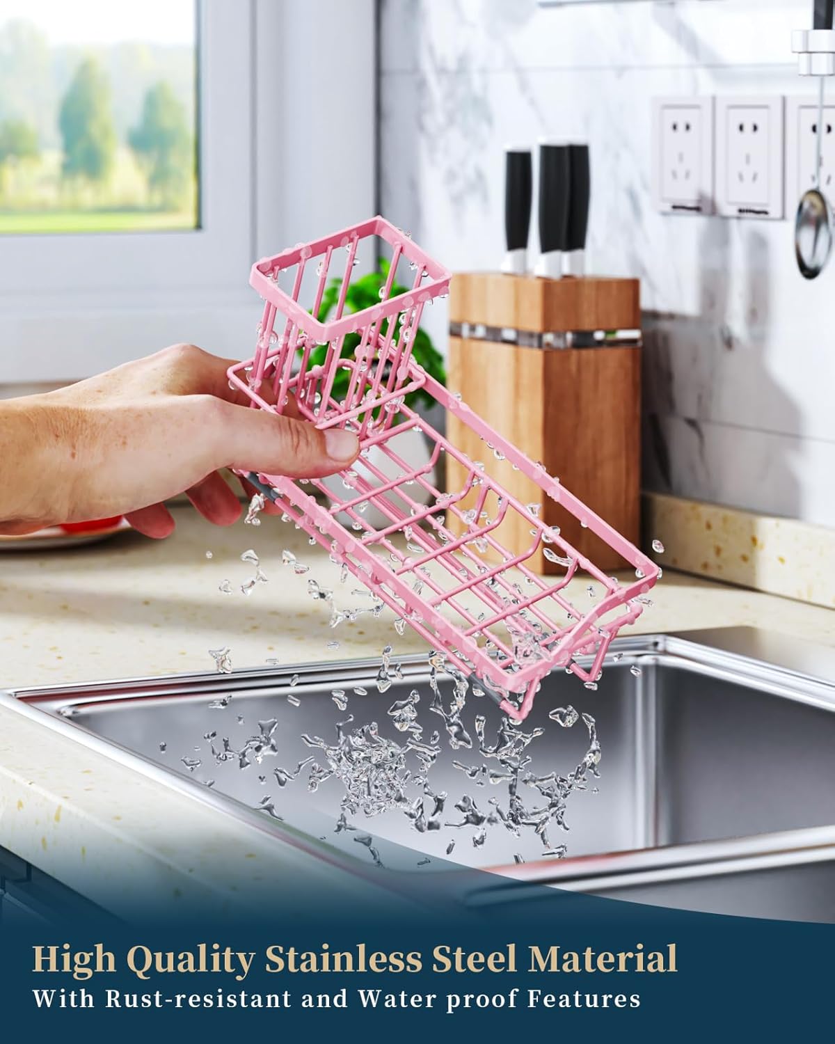 Consumest Sponge Holder for Kitchen Sink - Kitchen Sink Caddy Organizer with Removable Drip Tray for Countertop Dish Soap Dispenser Brush Storage Accessories 304 Stainless Steel - Black