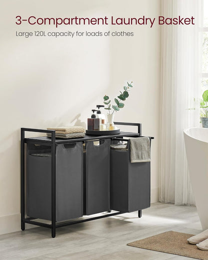 VASAGLE Laundry Hamper, Laundry Basket Sorter with 3 Pull-Out and Removable Bags, Shelf, Metal Frame, 3 x 10.6 Gallons (40 L), 36.4 x 13 x 28.4 Inches, Cappuccino Beige and Natural Beige UBLH301LH01
