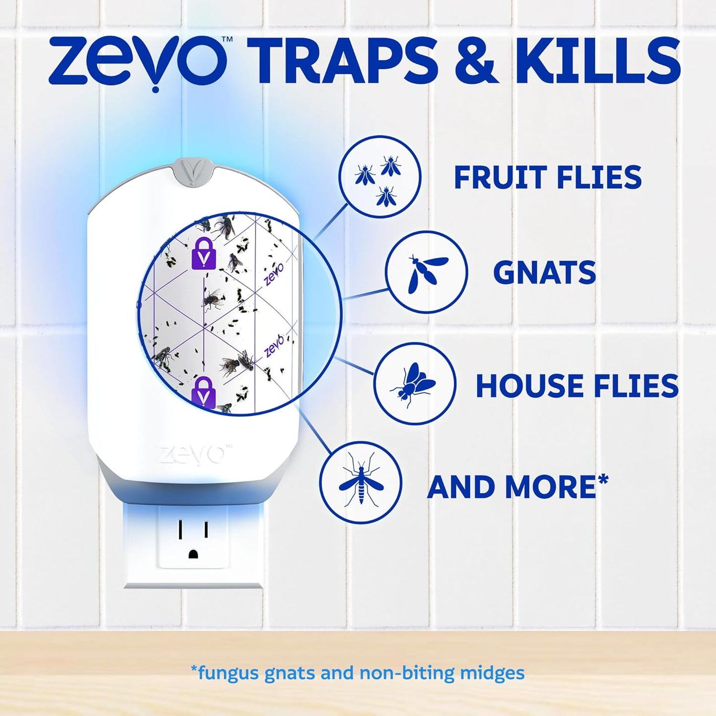 Zevo Flying Insect Trap - Plug-in Indoor Fly Trap and Bug Light Trap Refill with Blue and UV Light - No-Mess Cartridge for House Flies, Fruit Fly Trap and Gnats (1 Plug-in Base and 1 Cartridge)