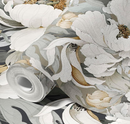 MuralPeel Dark Grey White Poppies Peony Floral Vintage Peel and Stick Wallpaper Self Adhesive Removable Easy Peel Off Stick on Wall Paper for Bedroom Cabinet Renter
