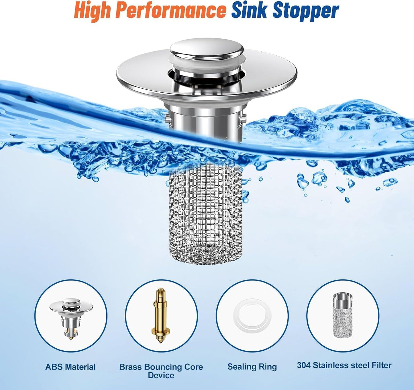 Bathroom Sink Stopper, Stainless Steel Removable Drain Strainer, Hair Catcher Basket, Bathroom Sink Plug Replacement (2 Pack)