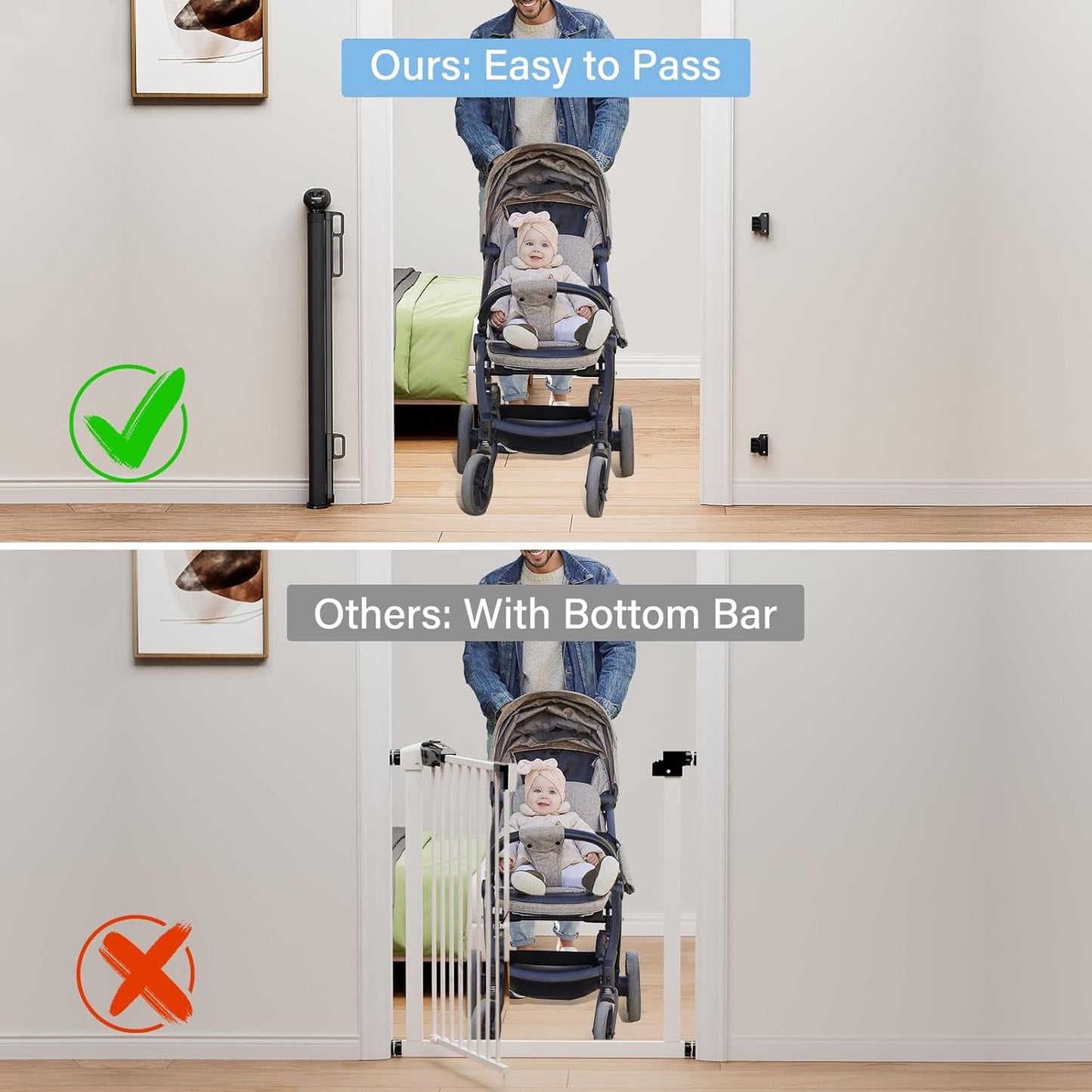 probebi Retractable Baby, Child & Dog Gates for Stairs, Extends to 54" Wide 34" Tall, Use for Outdoor, Indoor, Hallways, Doorways, Deck, Porch, Black