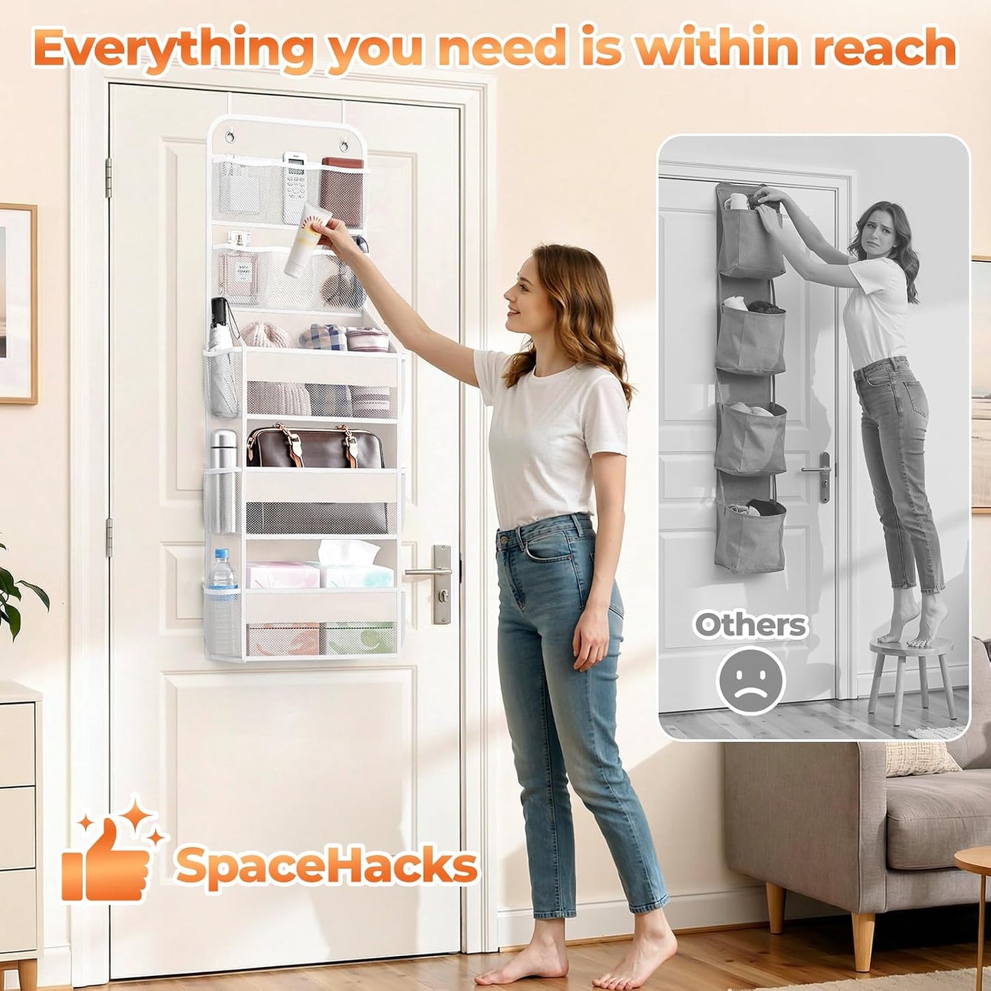 SpaceHacks 5-Tier Over the Door Organizer with Mesh Pockets, Baby Nursery Storage for Closet, Bathroom and Bedroom, Adjustable Hanging Closet Organizer for Cosmetics, Books and Essentials (Dark Grey)