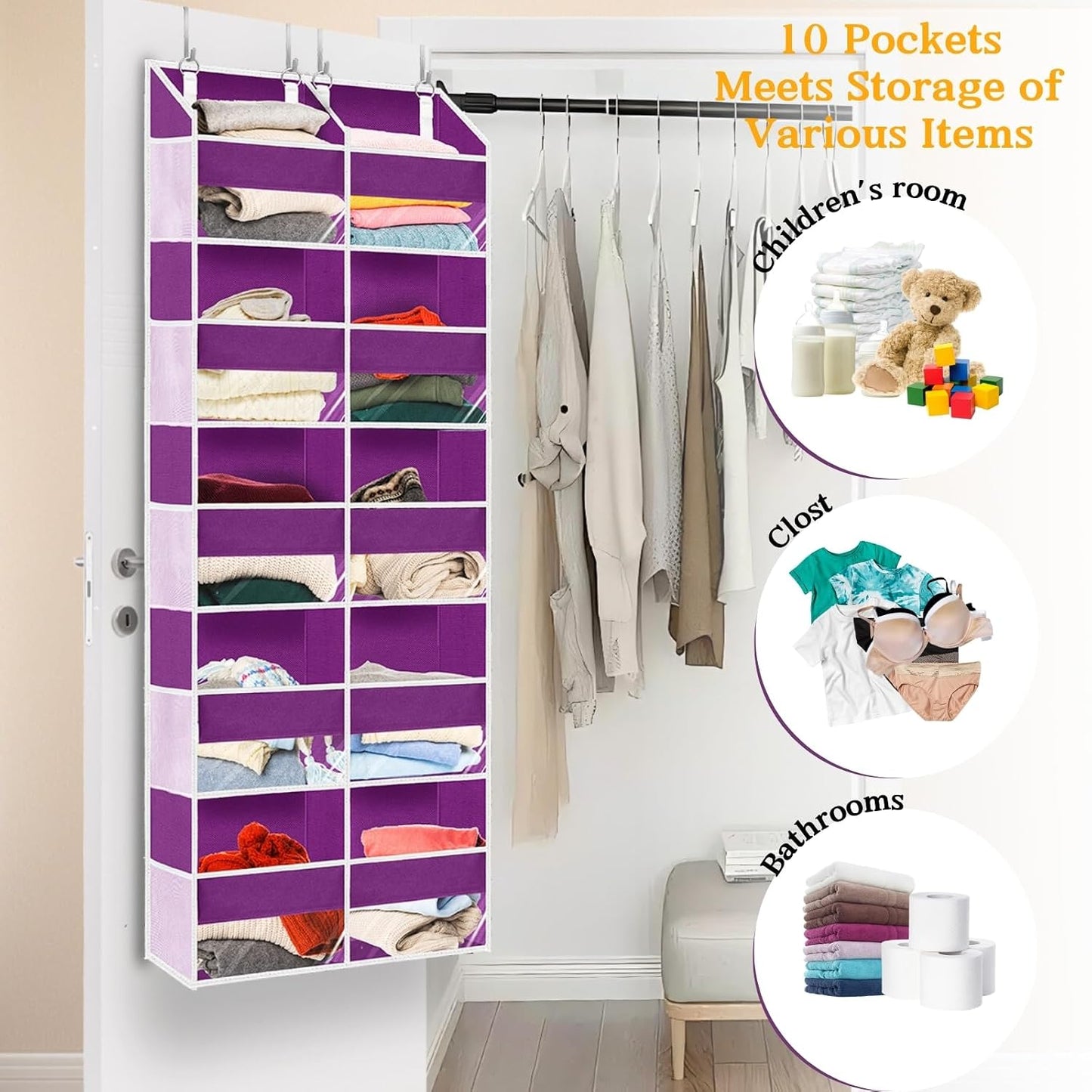 Over The Door Organizer, 5-Tier Extra Large Behind Door Storage with 10 Big Front & 10 Mesh Pockets, 80lb Capacity, Hanging Storage Organizer with Clear Window Kids Toys, Shoes, Diapers, Light Grey