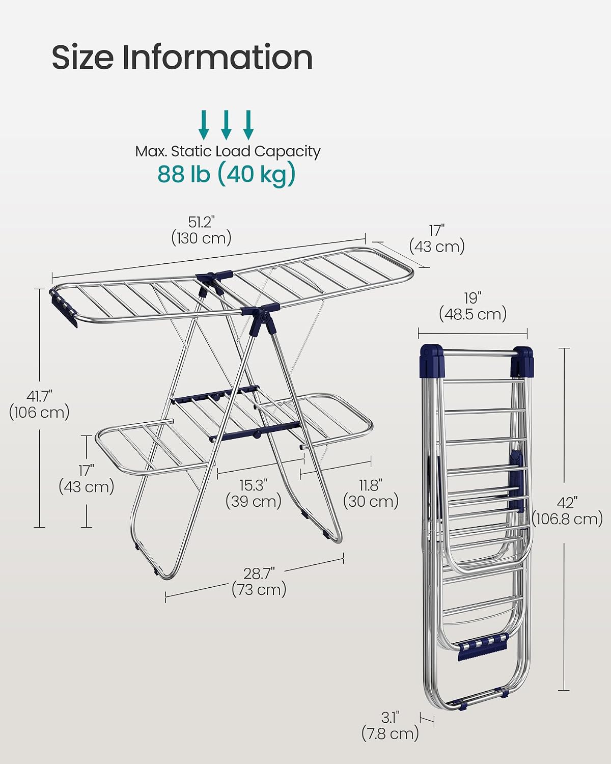 SONGMICS Clothes Drying Rack, Foldable Laundry Drying Rack, Blue | Sock Clips, Metal Clothes Airer with Height-Adjustable Gullwings, Space-Saving, Indoor Outdoor, ULLR505EQ01