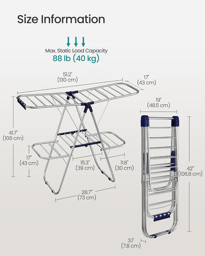 SONGMICS Clothes Drying Rack, Foldable Laundry Drying Rack, Blue | Sock Clips, Metal Clothes Airer with Height-Adjustable Gullwings, Space-Saving, Indoor Outdoor, ULLR505EQ01