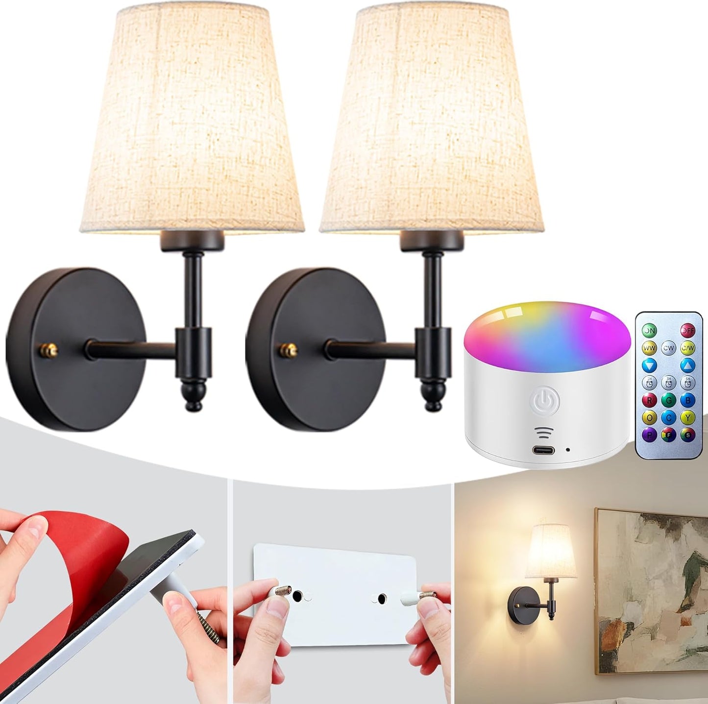 Wall Sconce Battery Operated Wall Light Fixure with Remote Control, Dimmable Battery Operated Wall Sconces Set Of Two, Indoor Wireless Wall Mounted Lamp with Rechargable Bulb For Bedroom Living Room (
