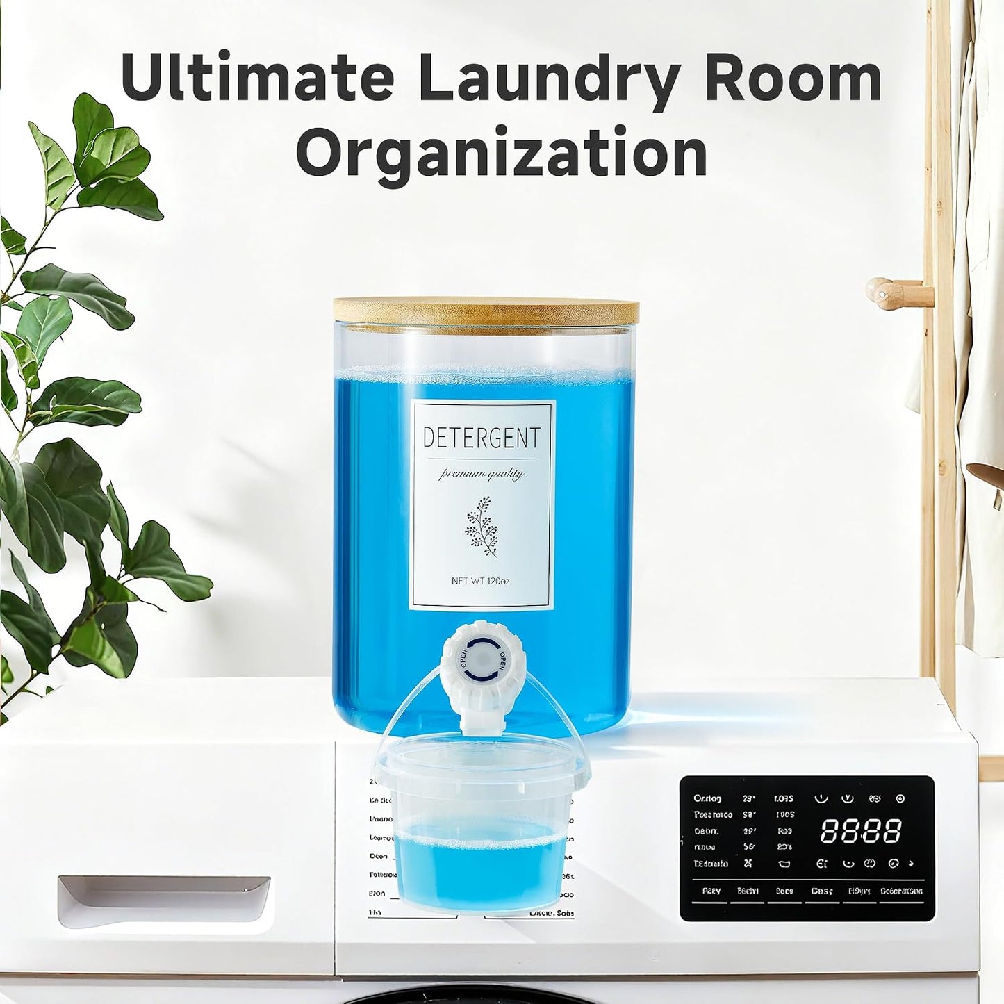 Glass Laundry Detergent Dispenser with Shelf & Bamboo Lid - 120 Oz Liquid Detergent, Laundry Soap & Fabric Softener Dispenser for Laundry Room Organization and Storage with 2 Cups & 8 Labels