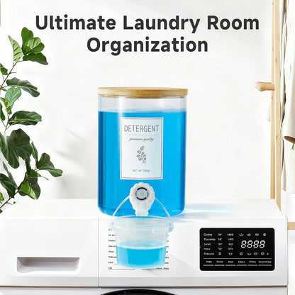 Glass Laundry Detergent Dispenser with Shelf & Bamboo Lid - 120 Oz Liquid Detergent, Laundry Soap & Fabric Softener Dispenser for Laundry Room Organization and Storage with 2 Cups & 8 Labels