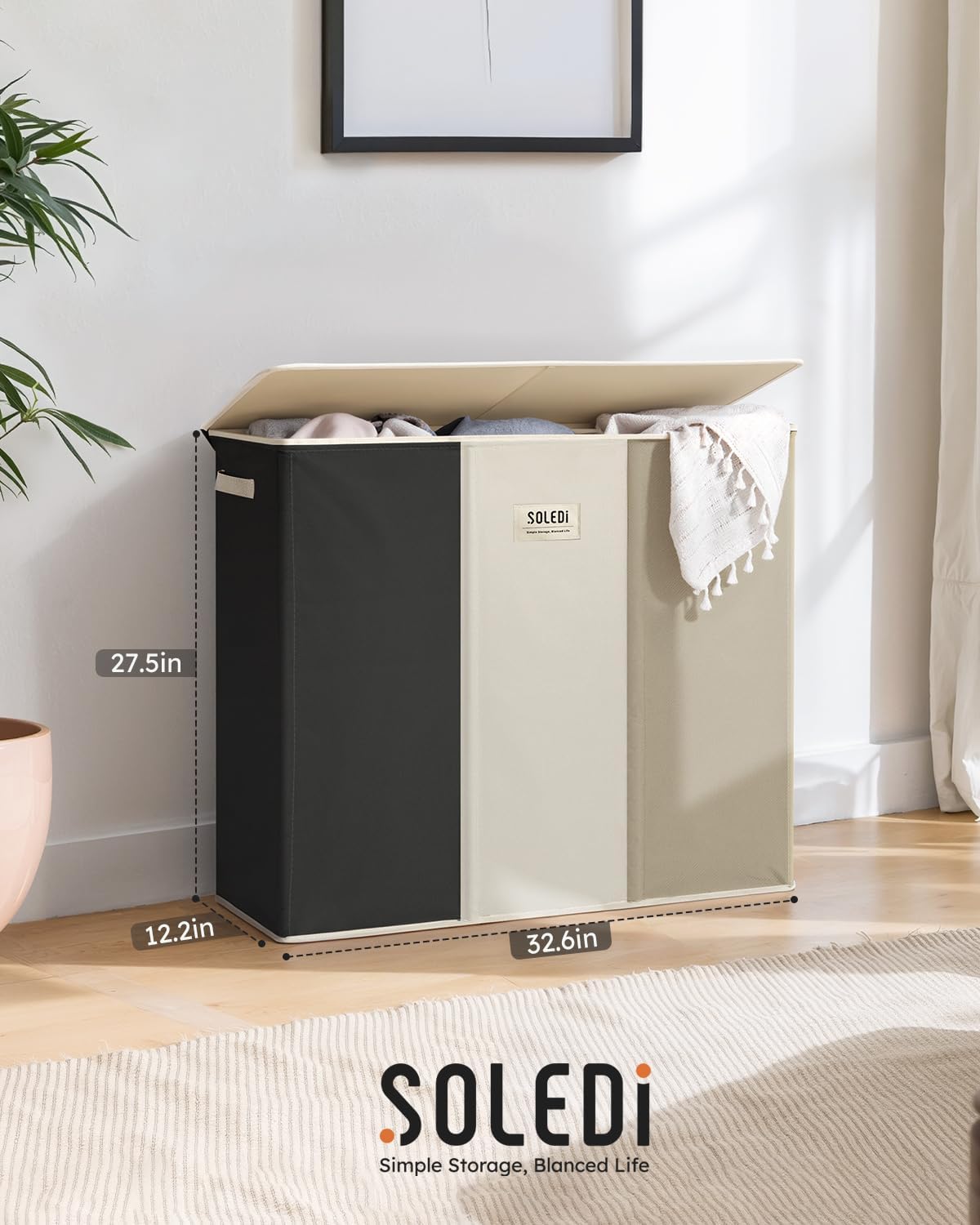 SOLEDI 180L Laundry Hamper 3 Section, Extra Large Laundry Hamper with Lid, Dirty Clothes Hamper with Sturdy Handle, Large Laundry Basket Organizer for Laundry Room, Bedroom, Hampers for Laundry