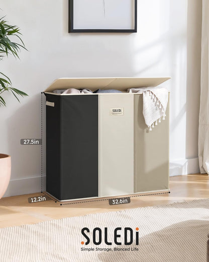 SOLEDI 180L Laundry Hamper 3 Section, Extra Large Laundry Hamper with Lid, Dirty Clothes Hamper with Sturdy Handle, Large Laundry Basket Organizer for Laundry Room, Bedroom, Hampers for Laundry