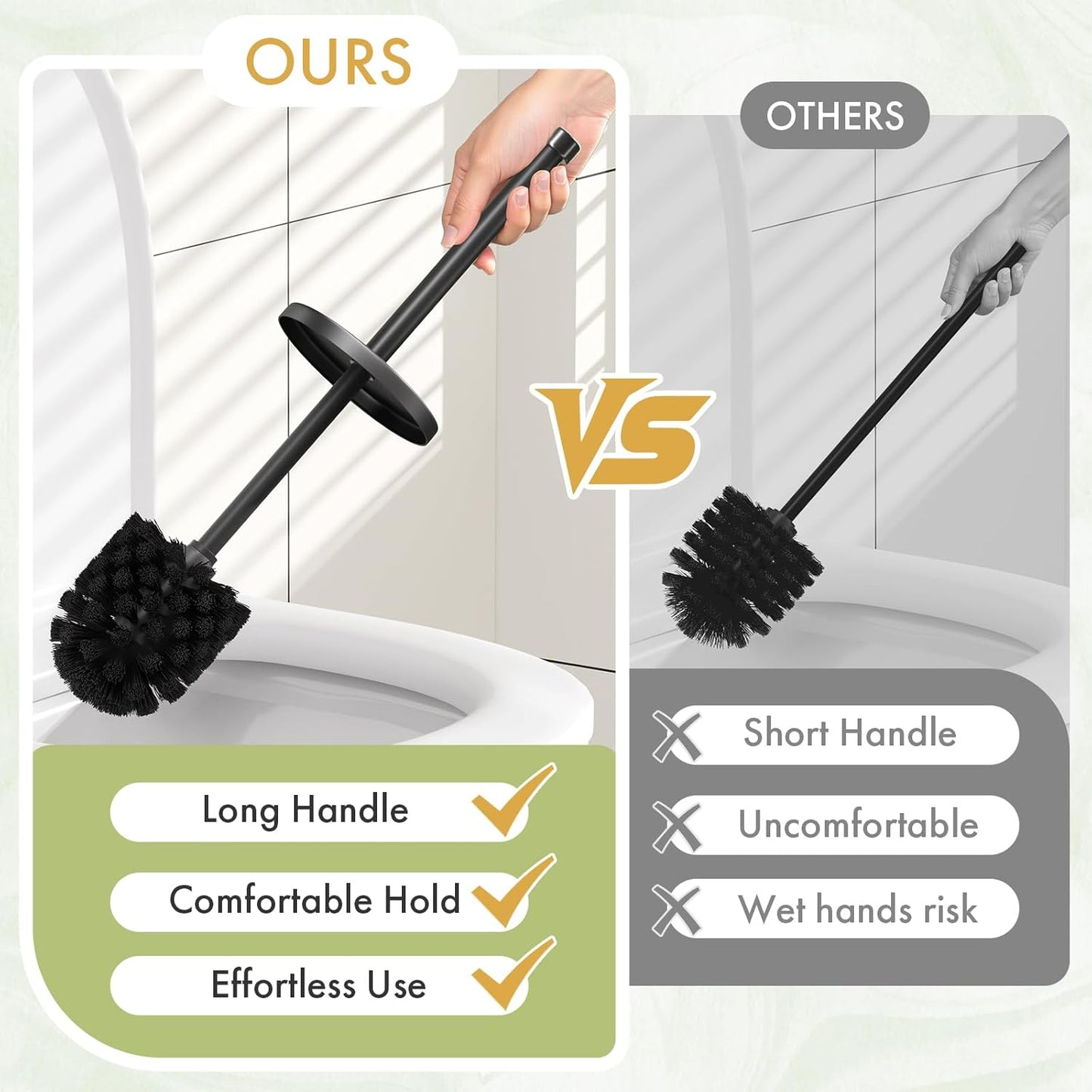 Toilet Bowl Brush and Holder Set 2 Pack with 4 Extra Brush Heads | Extra Long Handle with Splash Guard Cover, Tool-Free Installation, Bathroom Space-Saving, Cleaner Sets for Apartments, RV (White)