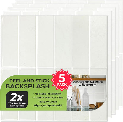 Peel and Stick Subway Backsplash Tiles, 5 Pack, 12 x 12 in, Almond | extra thick 3D wall panels, heat and water resistant wall panels, easy DIY kitchen, bathroom, laundry, fireplace wall décor