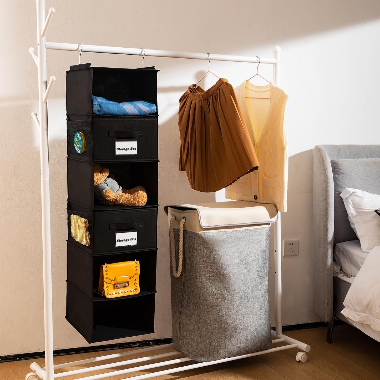 BrilliantJo 2 Pack Hanging Closet Organizer, 5 Shelves Hanging Storage with 6 Side Pockets for Clothes Shoes, 43"x12"x12"(Black)