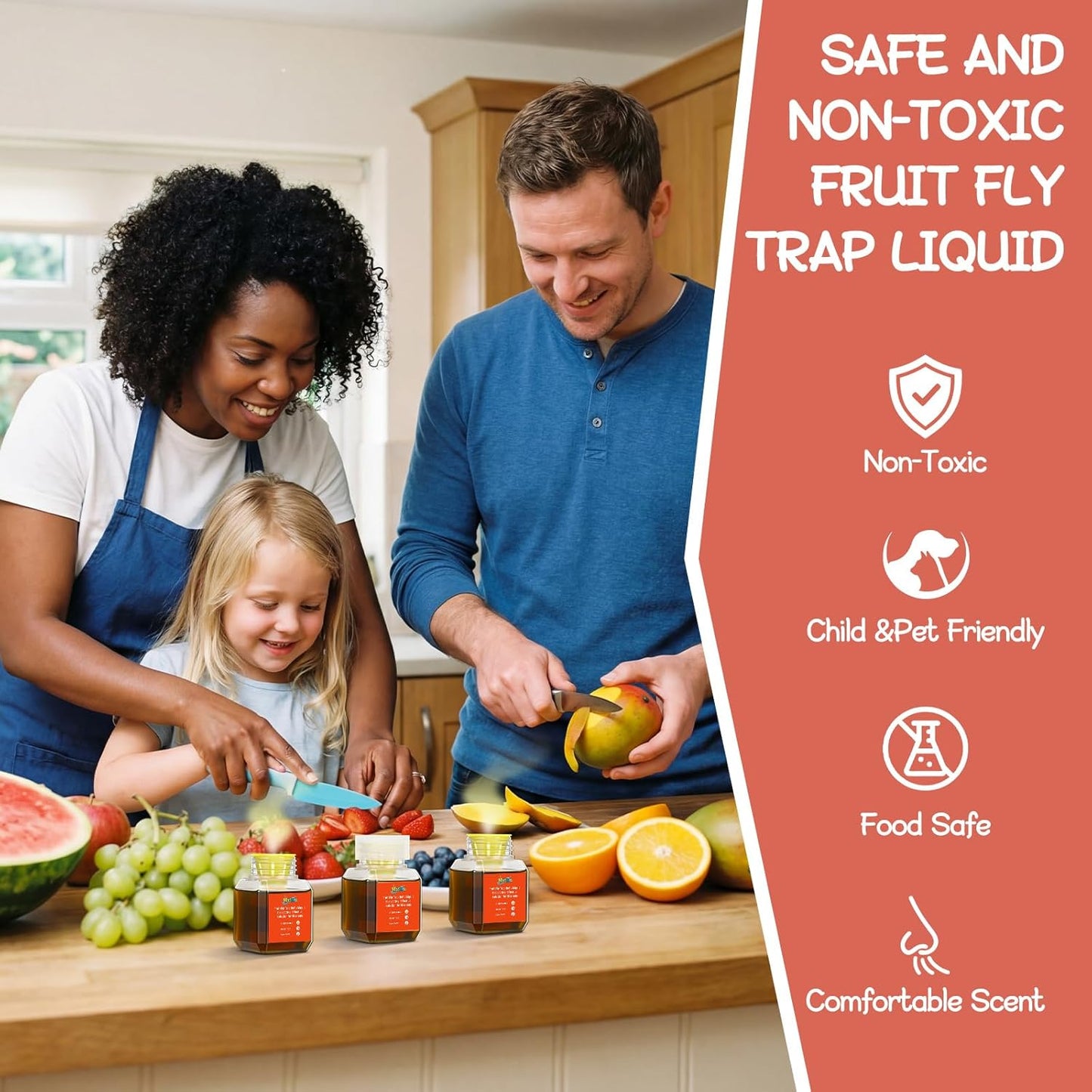 4 Pack Fruit Fly Trap Refill Liquid, with Funnel, 0.68 Ounces Per Bottle, Effective Fruit Fly Bait Refill, Suitable for Indoor Use, Kitchen Countertops, Home Environments, Non-Toxic