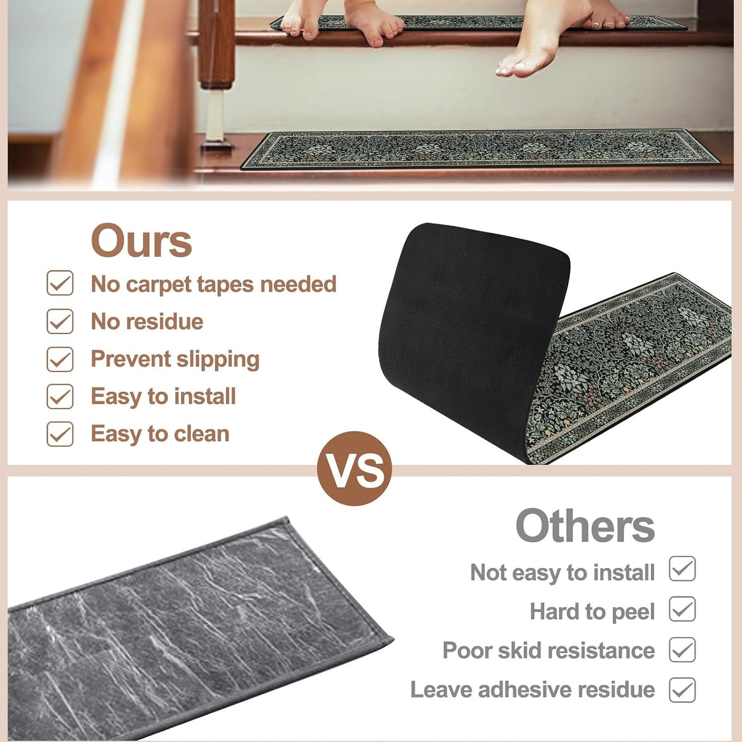 OJIA Floral Stair Treads Non-Slip Stair Runner for Wooden Steps Indoor 15PCS 30"x8" Carpet Stair Treads Stair Mats Staircase Step Treads for Kids, Elders and Dogs, Stair Covers, Black