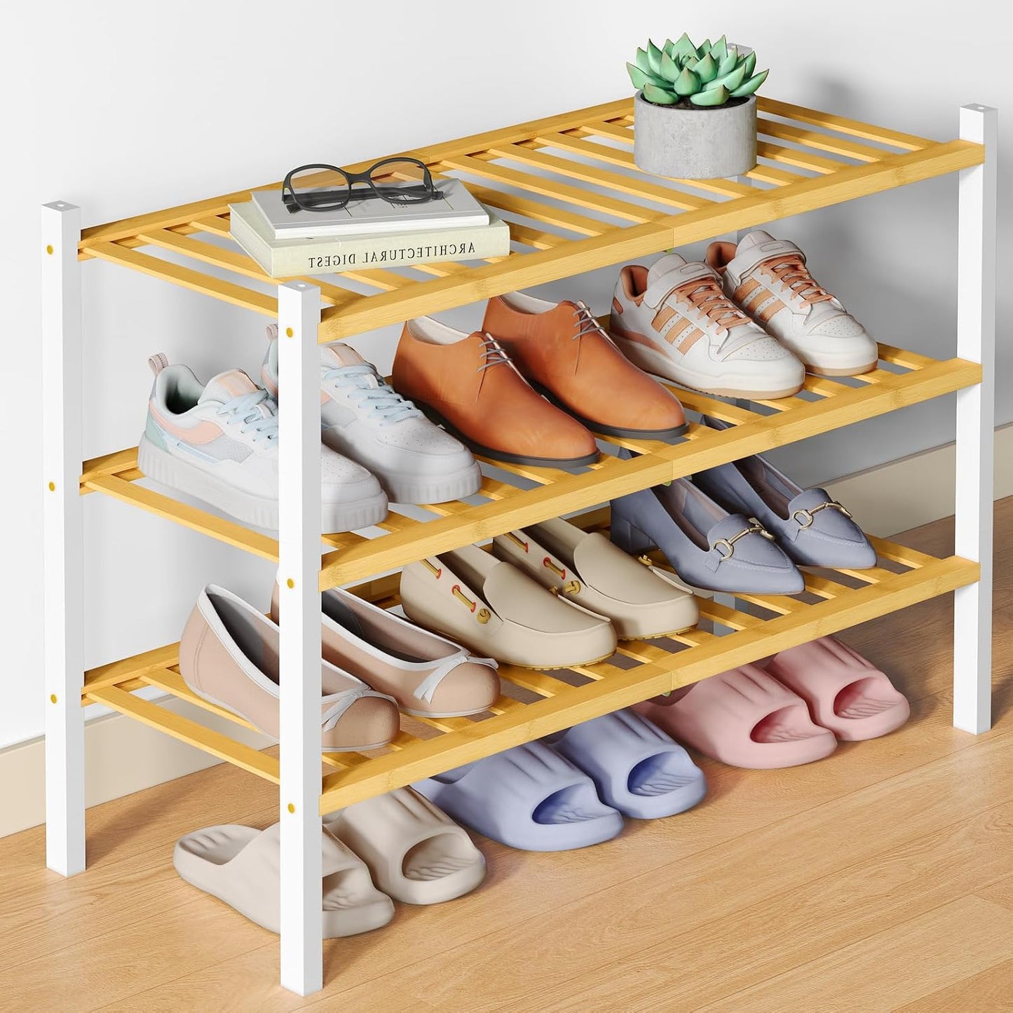 Smiry Bamboo Shoe Rack for Closet, 3 Tier Wooden Shoe Organizer, Stackable Wood Shoe Storage Shelf for Entryway, 14 Vertical Slats, One-piece Heavy-Duty Legs, 26.77"x11.02"x18.31", Natural