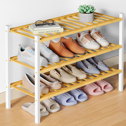 Smiry Bamboo Shoe Rack for Closet, 3 Tier Wooden Shoe Organizer, Stackable Wood Shoe Storage Shelf for Entryway, 14 Vertical Slats, One-piece Heavy-Duty Legs, 26.77"x11.02"x18.31", Natural