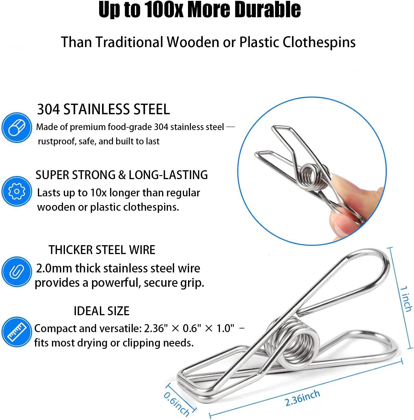 Stainless Steel Laundry Clothes Hangers Heavy Duty Outdoor, Clothespins for Hanging Clothes, Metal Clips, Metal Snack Bag Chip Clips for Food Packages 20PCS