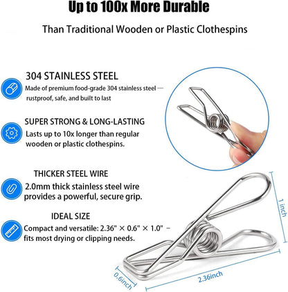 Stainless Steel Laundry Clothes Hangers Heavy Duty Outdoor, Clothespins for Hanging Clothes, Metal Clips, Metal Snack Bag Chip Clips for Food Packages 20PCS