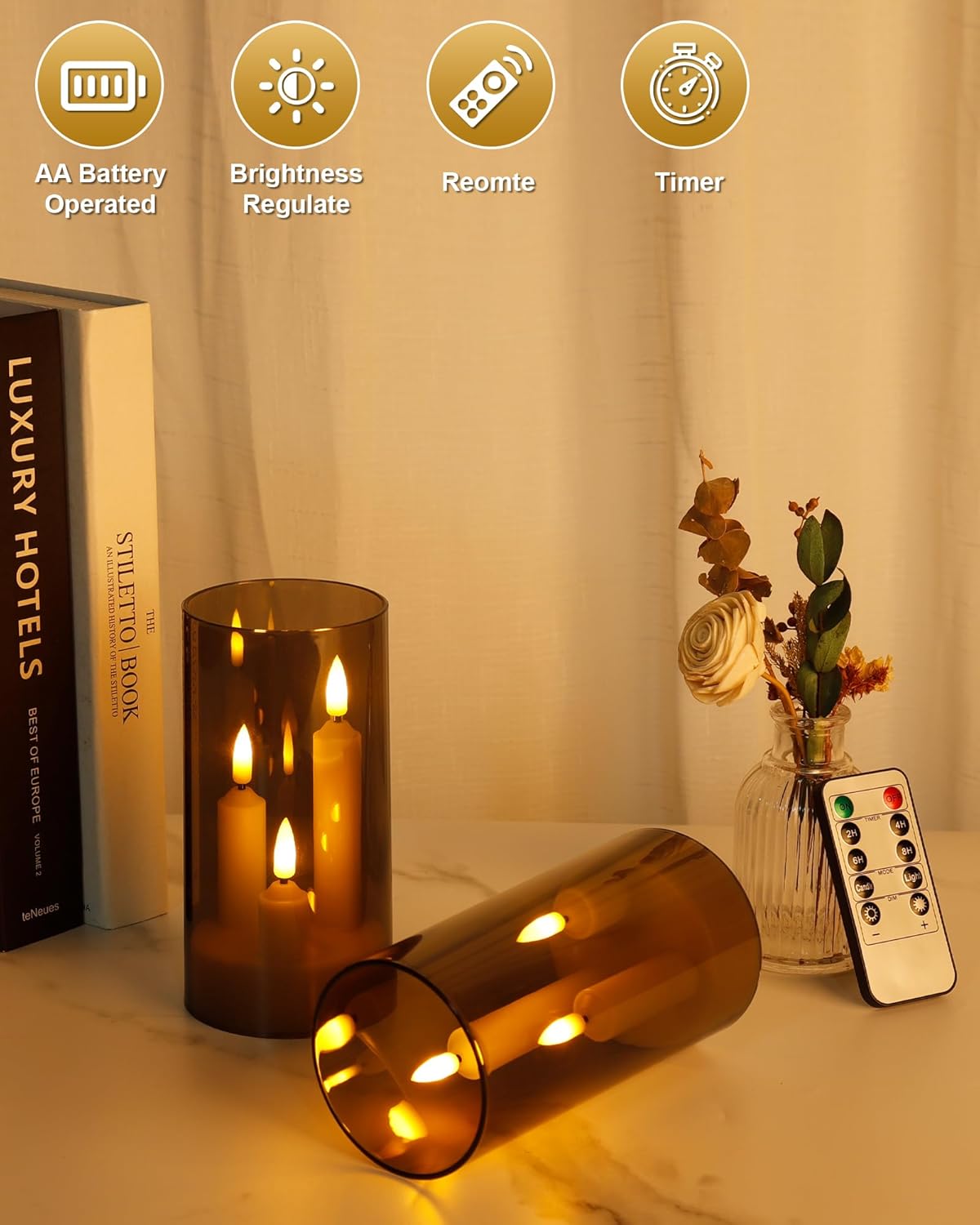 Set of 24 Slim Outdoor LED Candles, Battery Operated Flickering Fake Candles with 10-Key Timers for Patio & Porch Decor, 2.2 Inch Diameter Waterproof Resin Pillars for Large Events & Sconces (White)